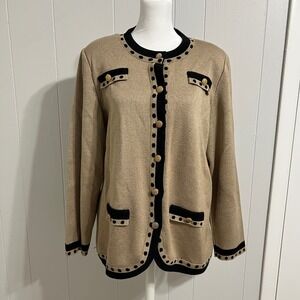 Vintage Mita Knit Cardigan‎ Jacket Gold Buttons Size 16 Made USA Tan Black Trim